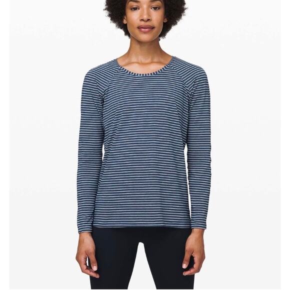 Lululemon Emerald Long Sleeve Modern‎ Stripe Heathered Code Blue White Size 4 - Picture 1 of 8